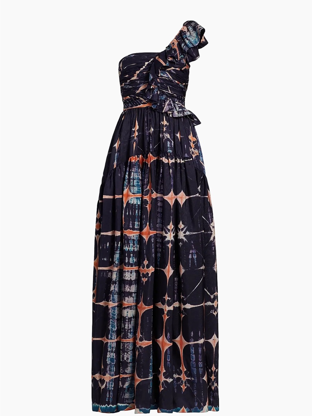 Ulla Johnson One-Shoulder Patterned Maxi Dress in Navy, Peach, Teal